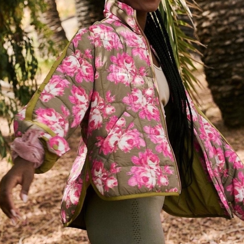 Free People Pippa Packable Puffer Jacket NWT Green / Pink Floral Combo